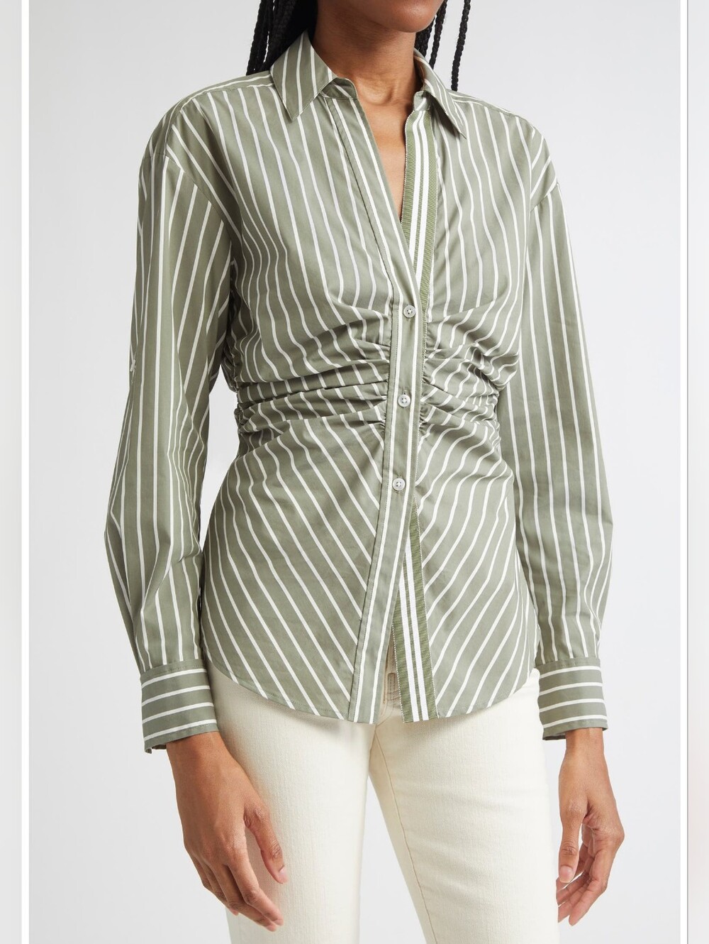 Veronica Beard Devra Stripe Ruched Cotton Blend Button Up Shirt Blouse Green 4